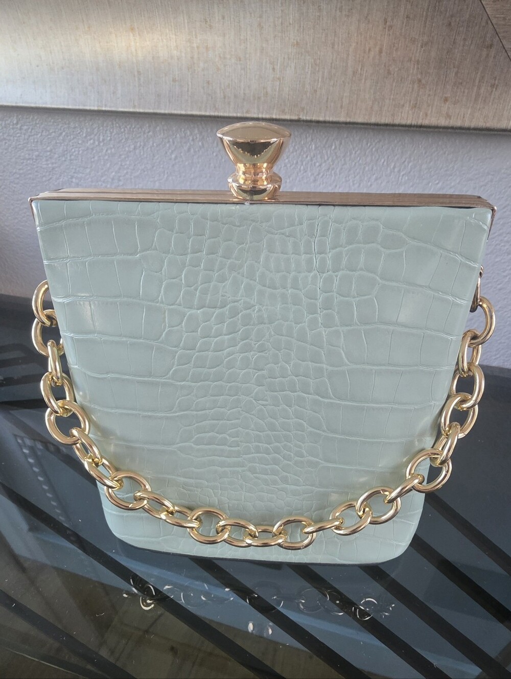 Structured Croc-Embossed Top-Handle Bag in Pale Mint with Gold Chain